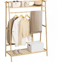HOMCOM Portant à vêtements penderie - 2 étagères, 2 patères, barre de suspension - bambou verni