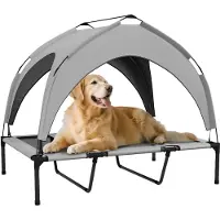 PawHut Lit chien surélevé, lit de camp pour chien, velum en taffetas, tissu textilène micro-perforé + sac de transport inclus, facile à assembler, 106 x 76 x 94 cm, gris