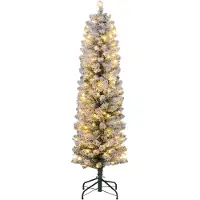 HOMCOM Sapin de Noël artificiel 150 cm, arbre de Noël slim lumineux floqué enneigé - support en métal, lumière LED blanc chaud et 263 branches - effet réaliste, vert