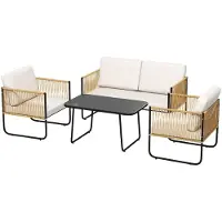 Outsunny Salon de jardin extrieur 4 personnes, salon de balcon en rsine tresse avec canap 2 places, fauteuils et table basse en verre tremp, coussins dhoussables inclus, crme