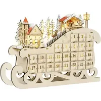 HOMCOM Calendrier de l'avent en bois Lumineux Frome de traineau - 10 lumières Blanc Chaud - 24 tiroirs - décoration Lumineuse de Noël