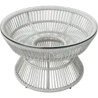 Outsunny Table basse de jardin ronde, table d'appoint en résine aspect rotin et plateau verre trempé Ø60 x 37H cm gris clair