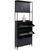Mendler Armoire à chaussures HWC-O86, étagère à chaussures Meuble à chaussures, 3 compartiments basculants, crochets de rangement en métal 201x80x20cm noir