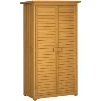 Outsunny Armoire abri de jardin remise pour outils en bois sur pied 2 étagères toit bitumé incliné portes persiennes 87 x 47 x 160 cm naturel