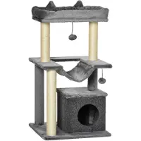 PawHut Arbre à chat avec griffoirs, hauteur 90 cm, en tissu peluche, tour de jeux pour chat, avec lit, niche, hamac, plateforme et 2 balles suspendues, plusieurs niveaux, gris
