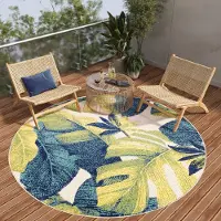 Tapiso Tapis d'extérieur PATIO, rond, style moderne, beige, crème et bleu, pour chambre à coucher, 160 x 160 cm