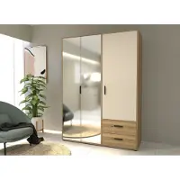Forte Armoire de chambre - MOKKARO -Reproduction Chene et sable - 3 portes battantes - 2 tiroirs - 2 miroirs - L144,4 x P52,7 x H200cm