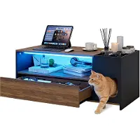 Puluomis Table basse avec niche pour chat, table basse avec éclairage LED RGB et télécommande, grand compartiment de rangement et tiroir, pour salon