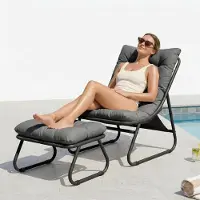 LVHOM Fauteuil de détente avec repose-pieds, fauteuil de salon pour le salon et la véranda, fauteuil de lecture moderne avec structure en métal, sans accoudoirs, gris