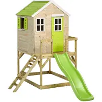 Kangui Maisonnette Enfant Extérieur en Bois TINNI avec Plateforme et Toboggan - Toit Étanche - Vert & Blanc