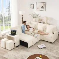 Merax Canapé-lit extensible en L , canapé d'angle avec fonction couchage, rangement, port USB, porte-gobelets, coussins, canapé-lit pour salon et home cinéma, beige