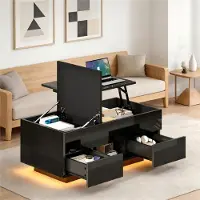 Merax Table basse brillante avec éclairage LED, table de salon réglable en hauteur avec 2 tiroirs et espace de rangement, table de salon avec plateau rabattable, noir