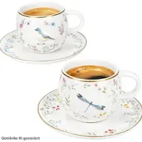 MamboCat Fancy Garden Oiseau & Libellule : lot de 2 tasses à espresso avec soucoupes, couleur moka