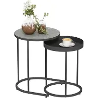 SUGIFT Table d'appoint industrielle, ensemble de 2 tables rondes, aspect bois MDF et métal, couleur gris | Bord rehaussé | Empilable | Ø 42 x 54 cm