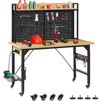 StarTech.com Établi - Établi réglable en hauteur - 122 cm de longueur - Panneau perforé - Roulettes - Prises CA/USB - Capacité de charge de 700 kg - Jaune et noir