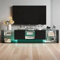 ProximaX Meuble TV 200 cm avec éclairage LED RGB, meuble TV sans poignées, meuble bas avec étagères en verre, meuble de salon moderne, noir