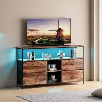 ProximaX Meuble TV 108 x 76,8 cm avec LED RGB, meuble TV de style industriel, meuble TV avec 4 tiroirs et étagères ouvertes, petit format, peu encombrant, style rustique