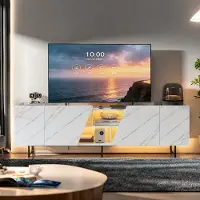 ProximaX Meuble TV 220 cm avec LED RGB, meuble TV aspect marbre, meuble TV à 4 portes et étagères ouvertes, grand et moderne, blanc