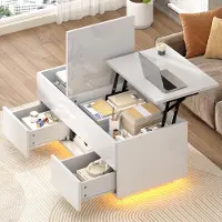 Merax Table basse brillante avec éclairage LED, table de salon réglable en hauteur avec 2 tiroirs et espace de rangement, table de salon avec plateau rabattable, blanche