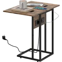 SUGIFT Table de chevet pliable en forme de C avec station de charge, en MDF et métal, de couleur marron rustique | USB-C | Dimensions extensibles : 39x58 cm | Dimensions : 39x29x57 cm