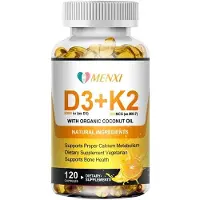 Menxi Vitamine D3 5000IU & K2 200mcg (120 gélules) Complément alimentaire, os, muscles, articulations, système immunitaire, cœur, dents, humeur