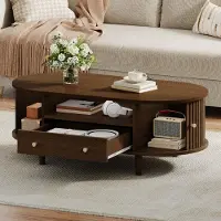 Merax Table basse avec porte coulissante, table de salon avec 1 tiroir et un compartiment ouvert, table d'appoint de salon en MDF avec 4 pieds, couleur noyer
