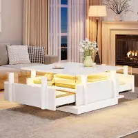 SUCCESS COURIER Table basse brillante 70 x 70 cm avec 2 tiroirs et éclairage LED – Table basse moderne avec séparateur en acrylique transparent, finition blanche brillante, idéale pour les salons modernes