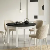 Dekori.Interiors Table extensible ronde, noire, RAVO, 90/140 cm, avec pieds en bois de hêtre rainurés, de couleur blanche – design moderne