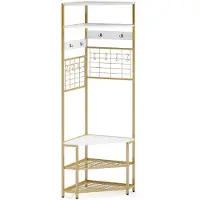 Helloshop26 Porte-manteau d'angle à 5 niveaux 52 x 52 x 183 cm avec banc de rangement pour chaussures style industriel et design élégant en métal blanc et doré 20_0018878