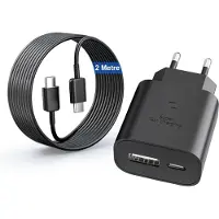 KALANKA -Chargeur pour Samsung Charge Rapide, 25W 2 Port Prise USB C&USB A Adaptateur Secteur pour Galaxy S25/S24 Ultra/S24 Plus/S23+/S25+/S23/S22/S21/S20 FE/S10 A56 A55 A36 A35 A16 A15 avec Câble USB