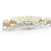 IDMarket Salon De Jardin Bas Rio 8 Places Salon D'angle Structure Métal Blanc Et Cordage Effet Rotin Avec Coussins Beiges