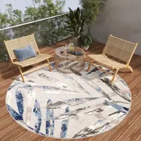 Tapiso Tapis d'extérieur PATIO, rond, style moderne, gris, crème et bleu, pour chambre à coucher, 80 x 80 cm