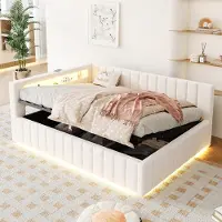 OKWISH Lit Coffre 140x200 cm - Lit Gigogne Avec LED et Port USB, Sommier à Lattes, Velours Beige, Sans Matelas