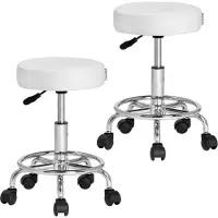 Casaria 2x Tabouret blanc à roulettes 56cm rembourré et réglable