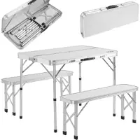 Casaria Table de camping XXL blanc 2 bancs pliable fonction valise