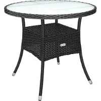 Casaria Table en résine tressée Ø80cm noire ronde plateau en verre