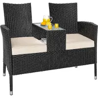 Casaria Banc de jardin noir 145x58x87cm en résine tressée avec table