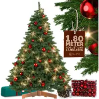 Casaria Arbre de Noël artificiel Premium 180cm + boules rouges + guirlande lumineuse blanc chaud