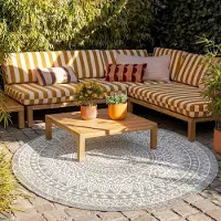 FRAAI Tapis d'extérieur rond | Summer Azteca Gris Clair | Ø 180cm | Gris | Rond | Tapis d'extérieur