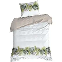 Eurofirany | Linge de lit - Ensemble de housse de couette - 140 x 200 - blanc - vert - 100 % coton - Parure de lit - Motif de feuilles