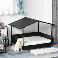 SUGIFT Couchage pour chien en rotin PE avec toit surélevé, lit pour chien d'extérieur résistant aux intempéries, polyrotin, acier et polyester, marron café | 98 x 69 x 70 cm | jusqu'à 50 kg | antidérapant