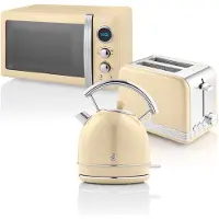 Swan STRP2070CNEU Set Retro Petit déjeuner, Bouilloire 1,8 L, 2 Grilles-pain à fentes larges, Micro-ondes 20 L Crème