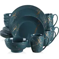 OEM Service de table en porcelaine vert foncé et dorée, 16 pièces, service de luxe pour 4 personnes