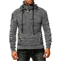 O46rn Pull homme en grosse maille, col montant et fermeture à col. Maille texturée à effet froncé. 13320 Noir