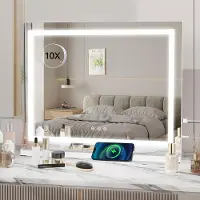 Puluomis miroir de maquillage miroir cosmétique 58x45 cm Hollywood miroir, à intensité variable avec éclairage LED 3 couleurs, 2 en 1 miroir de table miroir mural carré
