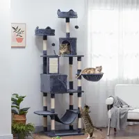 SUGIFT Kratzbaum de 206 cm de hauteur, tour pour chat XXL avec 2 cachettes, hamacs, poteaux en sisal, jouets et balles, couleur gris foncé | 60x50x206 cm | jusqu'à 6 kg par chat | Système anti-basculement