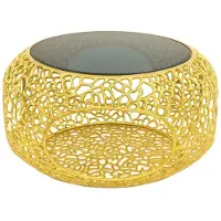 Meublorama Table basse METRIX ronde 74 cm dorée avec plateau en verre trempé noir – Table basse design avec niche intégrée