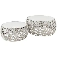 Meublorama Lot de 2 tables basses METRIX argentées avec plateau en marbre – Tables basses design motif feuillage
