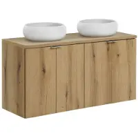 Meublorama Ensemble VANO aspect chêne 120cm : meubles sous vasque à placards + plan pour vasque + vasques à poser ronde blanche