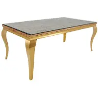 Meublorama Table de salle à manger VELENA – Rectangulaire 200 cm – Bois de teck, verre et acier doré – Style baroque chic